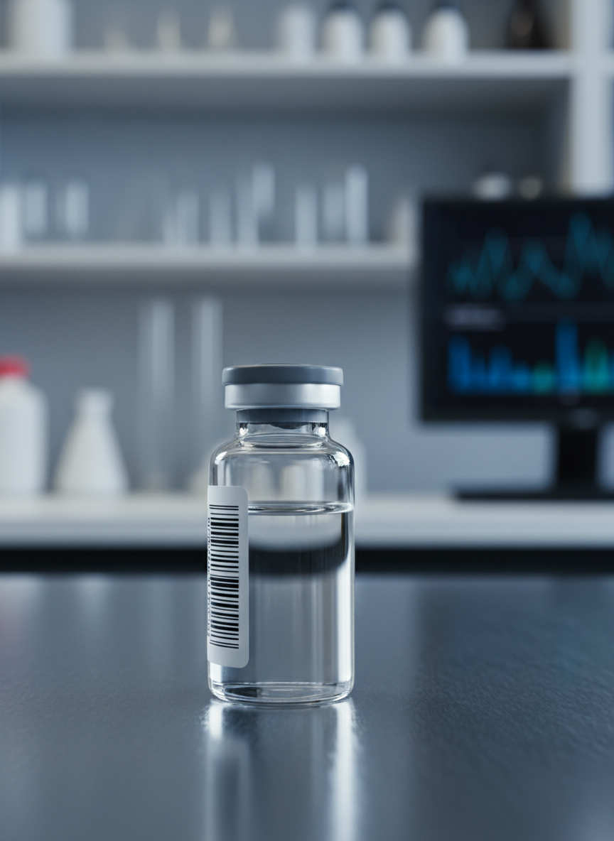 A close-up, photographic realism shot of a transparent borosilicate glass vial labeled with a small, generic barcode (no drug names), half-filled with a clear peptide solution. The vial rests upright on a brushed stainless-steel lab bench with faint reflections. In the softly blurred background, shelves of neutral-toned lab glassware and a discreet computer monitor displaying abstract graphs suggest analytical work. Cool, diffused overhead lab lighting creates gentle highlights along the vial’s curved surface and crisp but subtle shadows. Captured at eye level with a shallow depth of field, the composition follows the rule of thirds, conveying a calm, professional, evidence-based atmosphere suitable for a scientific peptide blog.